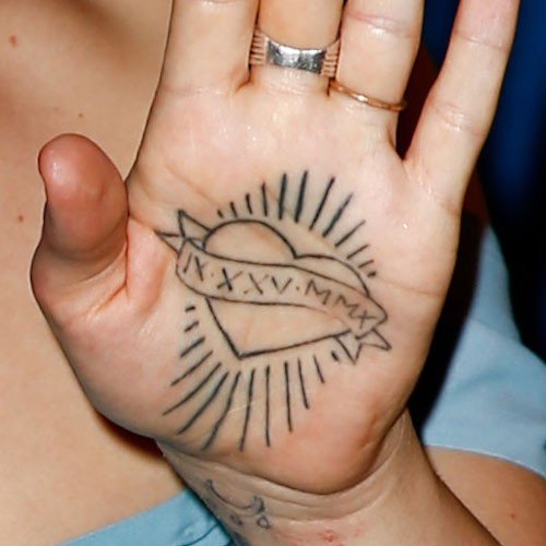 Heart With Banner Tattoo On Hand Palm
