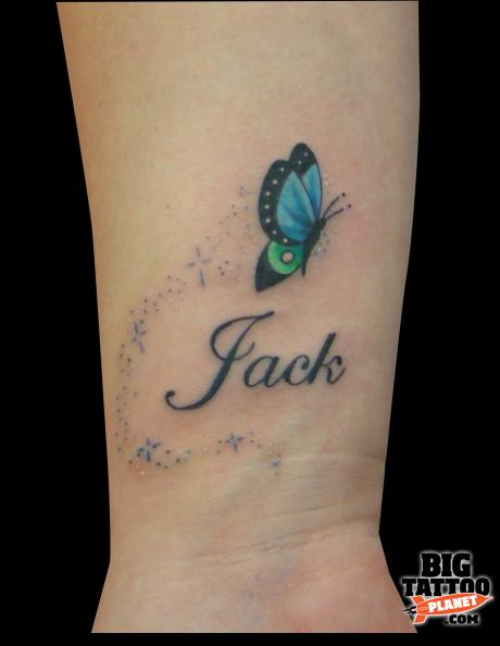 Jack Name And Butterfly Tattoo On Wrist