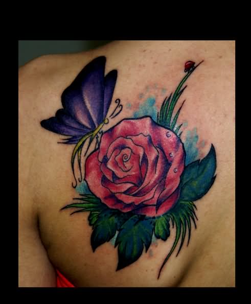 Left Back Shoulder Blue Butterfly And Red Rose Tattoo