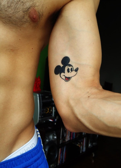 Little Mickey Mouse Face Tattoo On Bicep