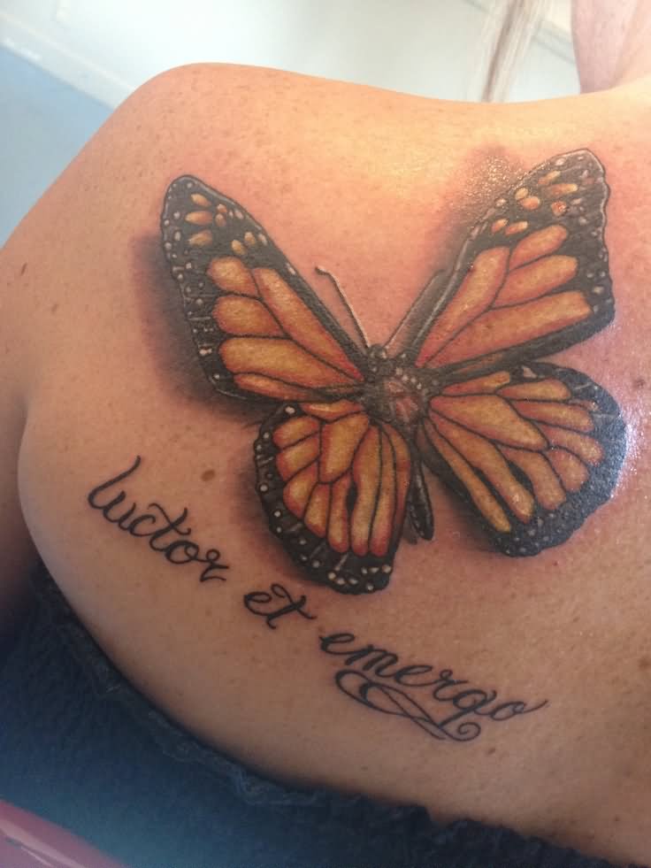 Luctor Et Emergo Monarch Butterfly Tattoo On Left Back Shoulder
