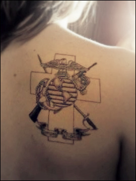 Marine Logo With Cross Tattoo On Girl Right Back Shoulder By Maureen