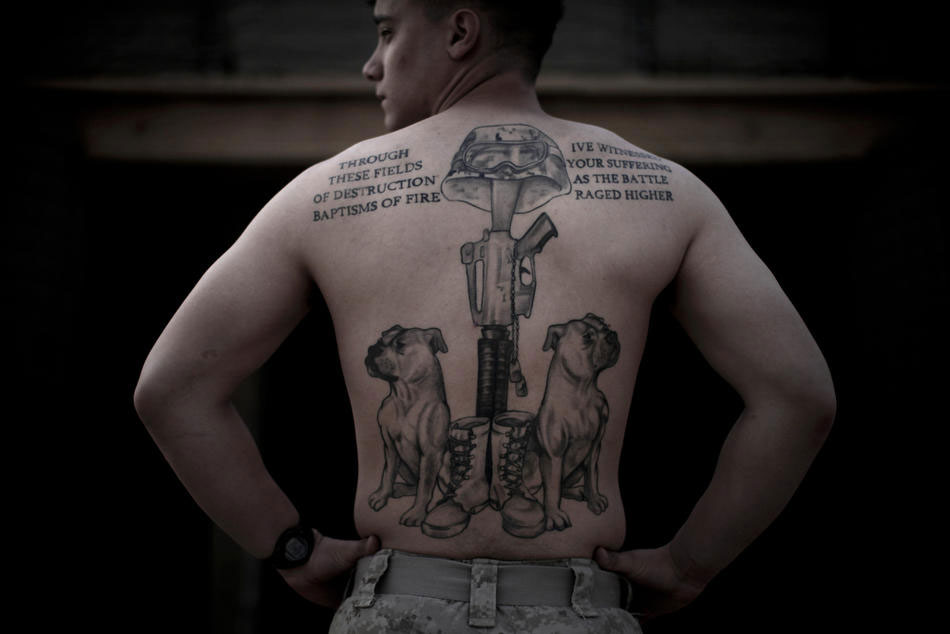 Marine Military Memorial Equipment With Two Dogs Tattoo On Man Upper Back
