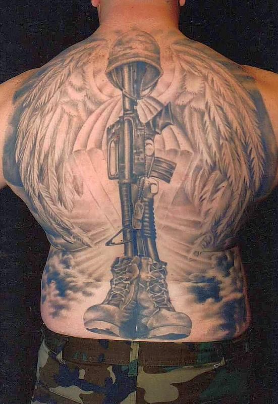 Marine Military Memorial Equipment With Wings Tattoo On Man Full Back