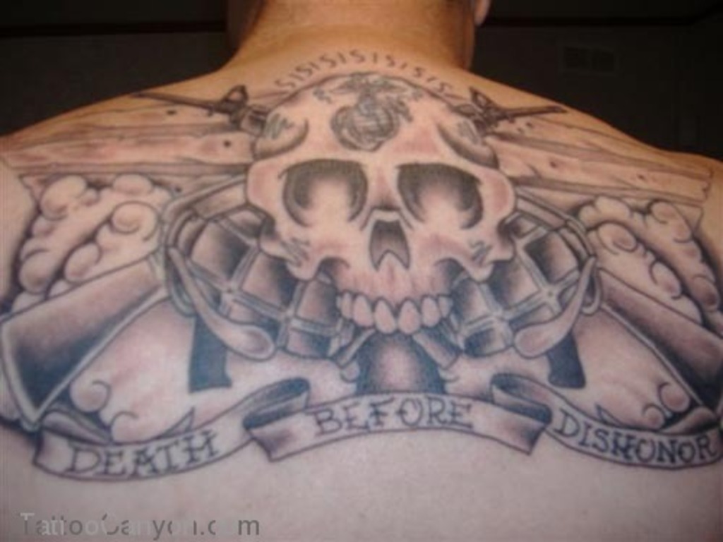 Marine Skull With Two Crossing Gun And Banner Tattoo On Man Upper Back