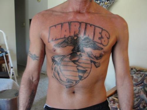 Marines - Black Ink Marine Logo Tattoo On Man Full Body