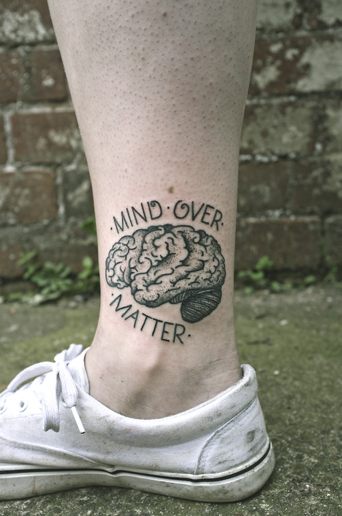 Mind Over Matter – Black ink Brain Tattoo On Leg
