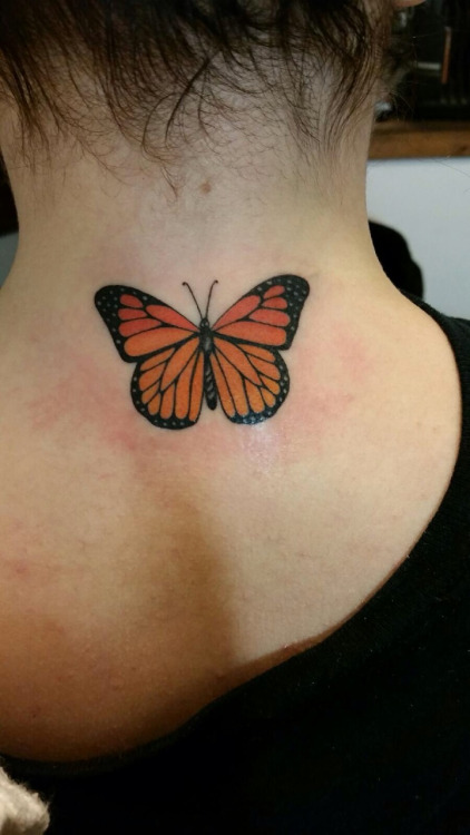 Monarch Butterfly Tattoo On Girl Upper Back