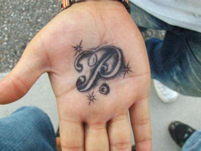 P Letter Tattoo On Hand Palm