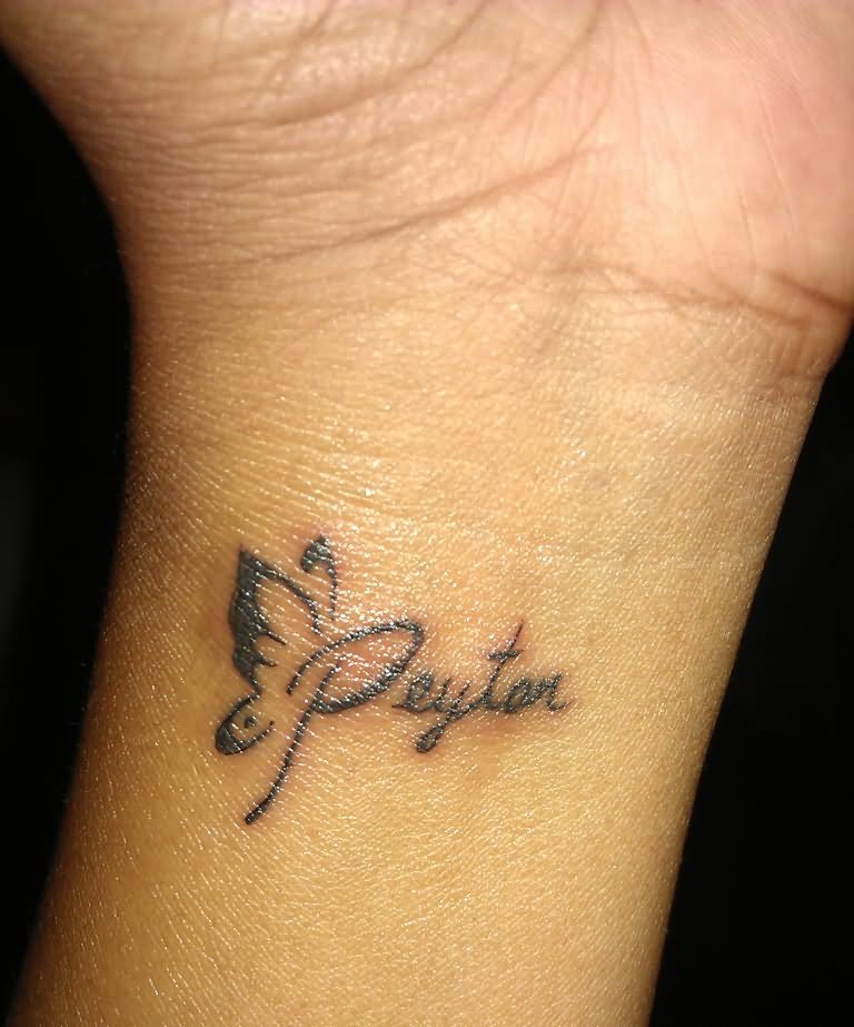 Peyter Name And Butterfly Tattoo On Wrist