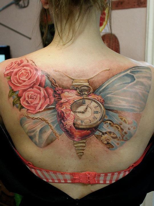 Pink Roses And Butterfly Tattoo On Girl Upper Back