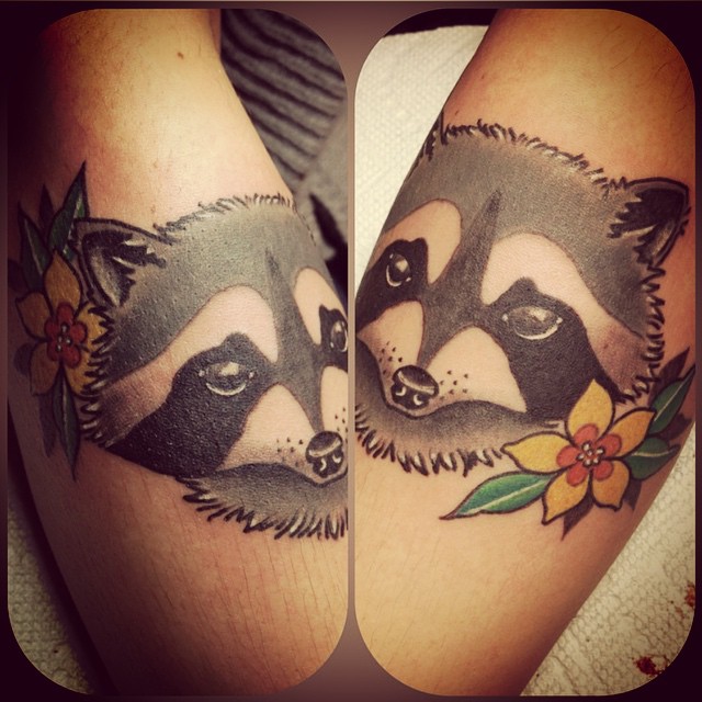 Raccoon Head With Flower Tattoo Design For Arm