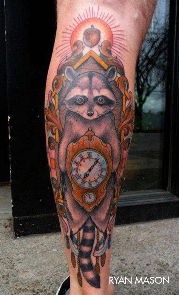 Raccoon With Clock Tattoo On Leg