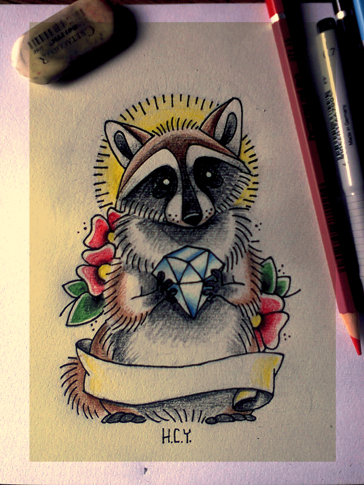 Raccoon With Diamond And Banner Tattoo Design
