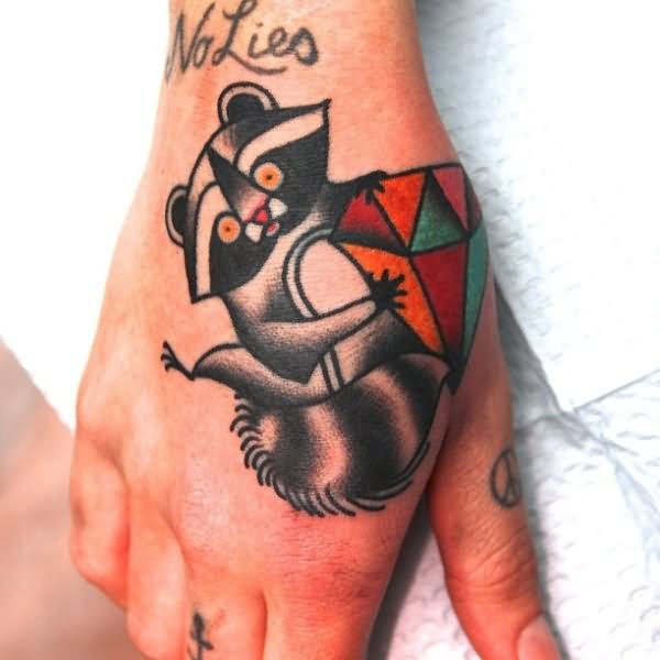 Raccoon With Diamond Tattoo On Hand By Jimmy Duvall