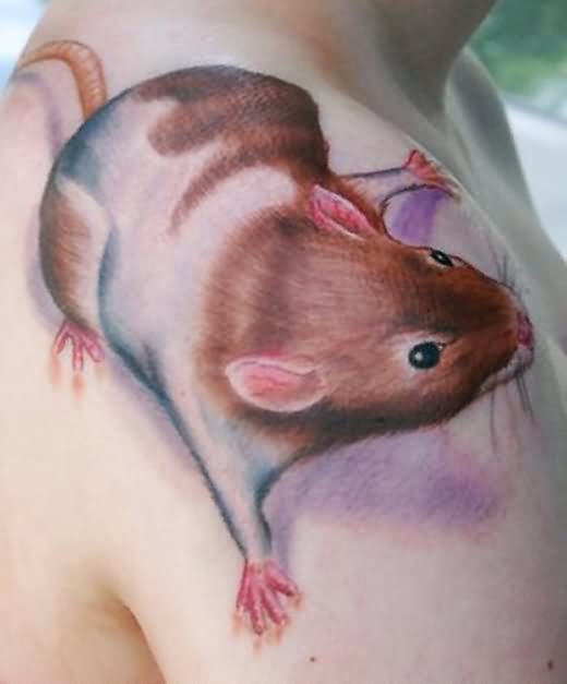 Realistic 3D Mouse Tattoo On Man Shoulder