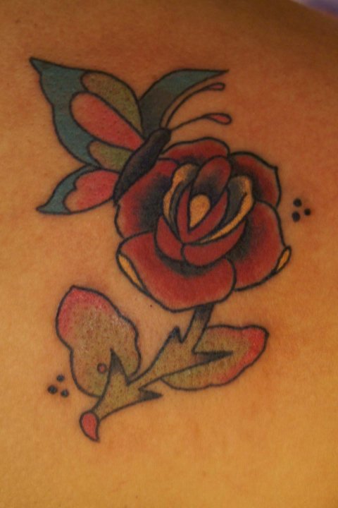 Red Rose And Butterfly Tattoo On Right Back Shoulder