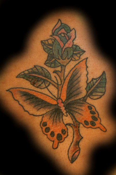 Rose Bud With Butterfly Tattoo Design Idea