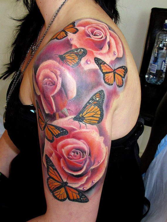 Rose Flowers And Monarch Butterfly Tattoos On Shoulder