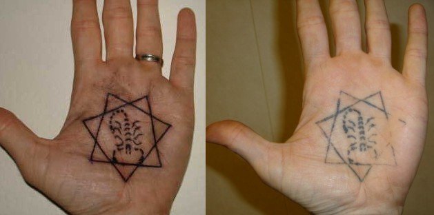 Scorpion In Pentagram Tattoo On Hand Palm