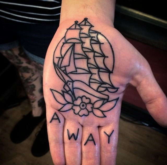 Ship With Flower Tattoo On Hand Palm By Phil Hatchet Yau