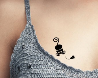 Silhouette Tiny Cat And Mouse Tattoo On Girl Chest
