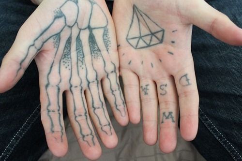 Skeleton Hand And Diamond Tattoo On Both Hand Palm