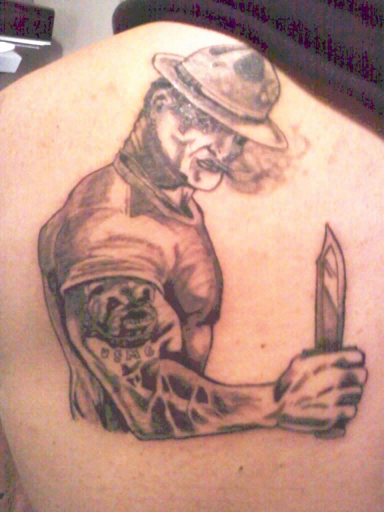 Smoking Marine Soldier With Knife Tattoo Design