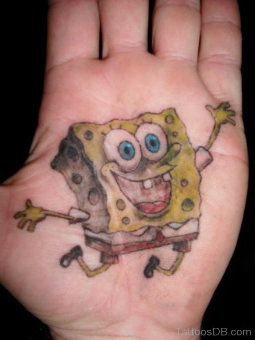SpongeBob SquarePants Cartoon Tattoo On Hand Palm By Fire Ant