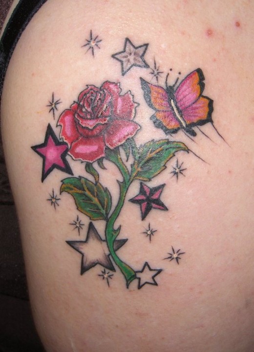 Stars With Butterfly And Red Rose Tattoo