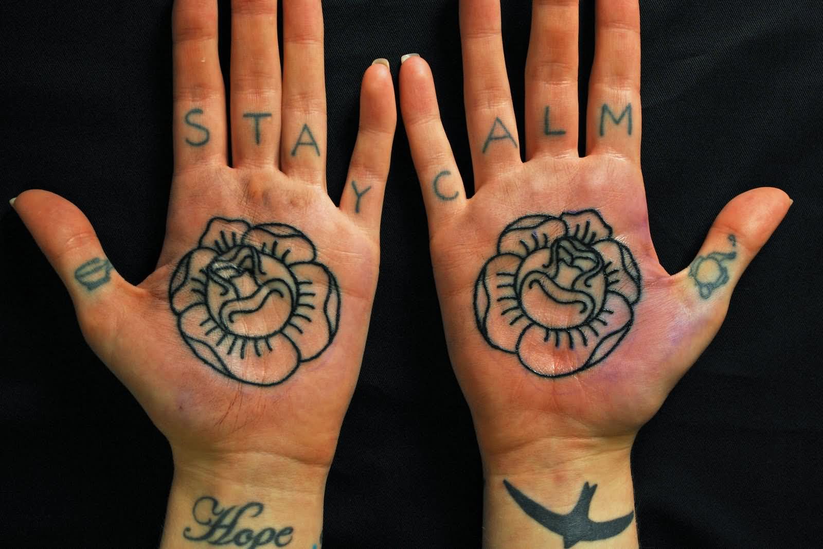 Two Black Outline Roses Tattoo On Both Hand Palm