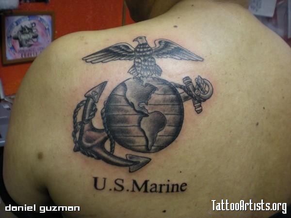 U.S. Marine - Black Ink Marine Logo Tattoo On Left Back Shoulder