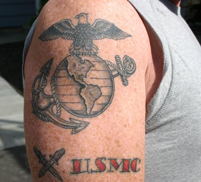 USMC - Black And Grey Marine Logo Tattoo On Right Shoulder