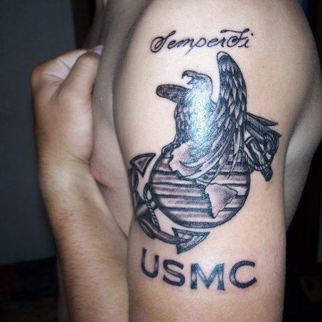 USMC - Black Ink Marine Logo Tattoo On Man Left Shoulder