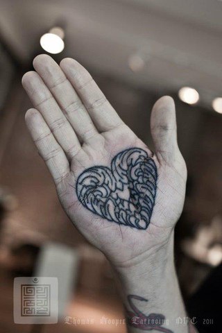 Unique Black Heart Tattoo On Hand Palm By Thomas Hooper