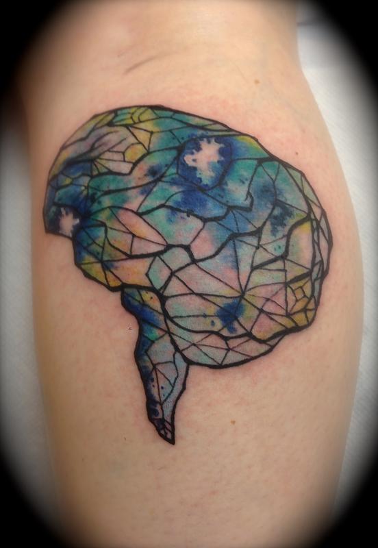 Watercolor Brain Tattoo On Leg Calf