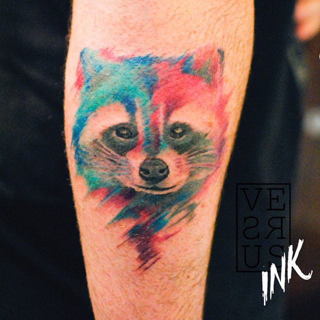 Watercolor Raccoon Head Tattoo Design For Arm
