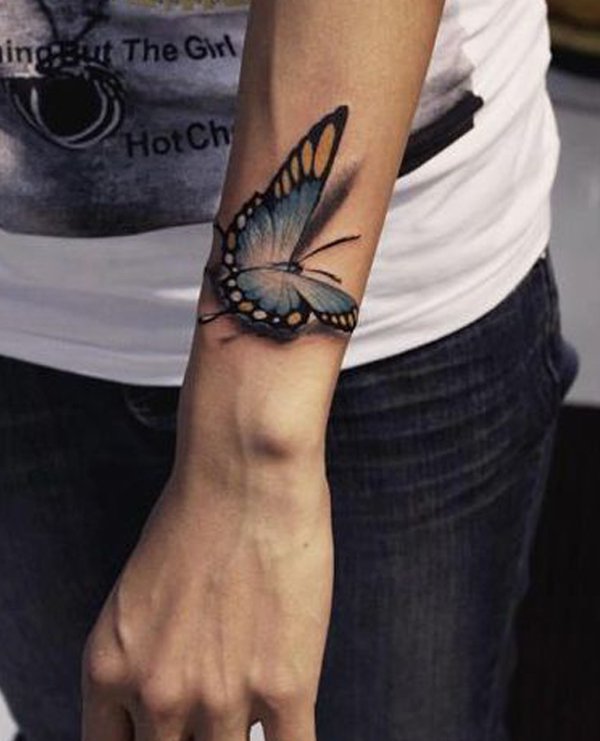 Yellow And Blue Butterfly Tattoo On Left Wrist