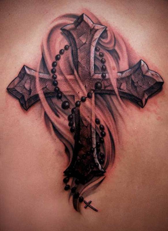 3D Black and grey old cross with rosary tattoo design
