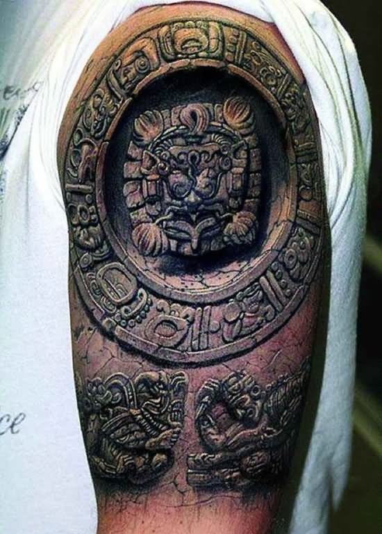 Amazing 3D Aztec Tattoo On Man Left Shoulder
