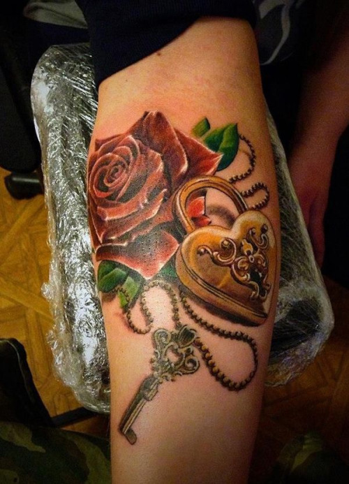 Amazing 3D Heart Shape Lock And Key With Rose Tattoo On Forearm