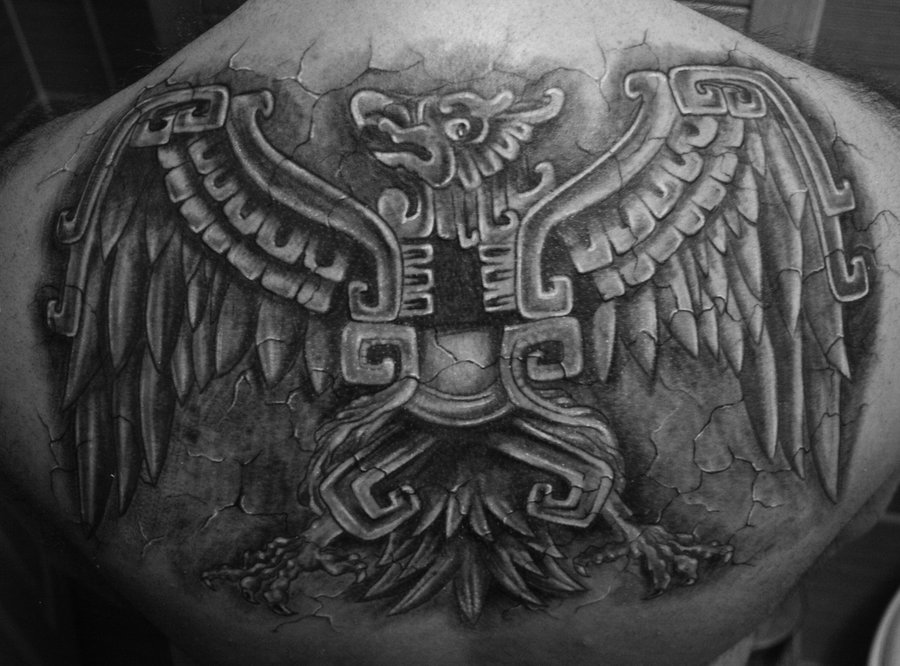 Amazing Black And Grey Aztec Eagle Tattoo On Upper Back