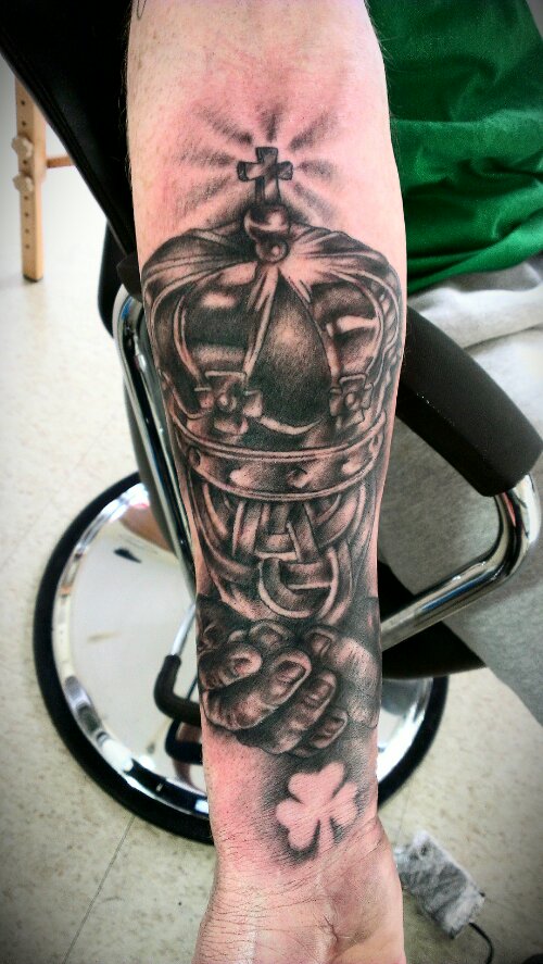 Amazing Black Ink Claddagh Tattoo On Forearm