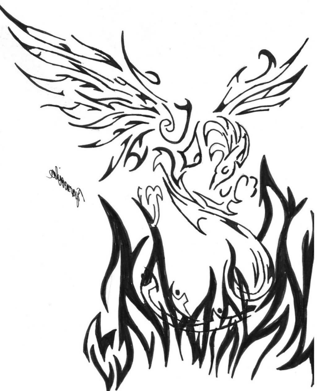 Amazing Black Tribal Phoenix In Flame Tattoo Stencil