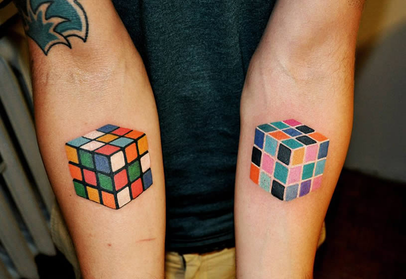 Amazing Colorful 3D Two Cube Tattoo On Both Forearm