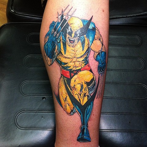 Amazing Colorful Cartoon Wolverine Tattoo Design For Leg