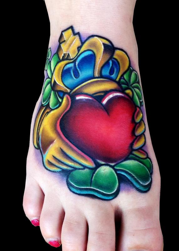 Amazing Colorful Claddagh Tattoo On Girl Foot