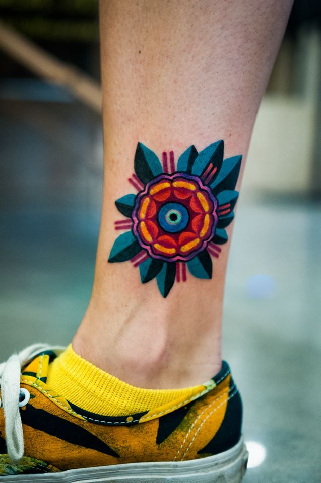 Amazing Colorful Flower Tattoo On Leg By Marcin Aleksander Surowiec