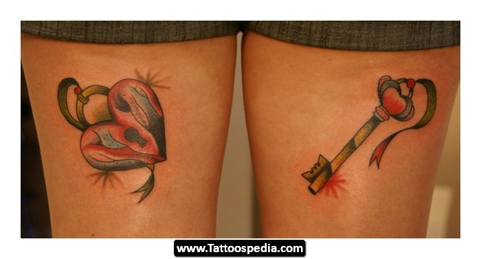 Amazing Colorful Heart Shape Lock And Key Tattoo On Both Thigh