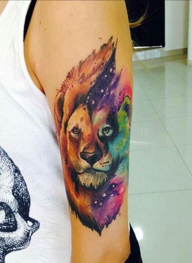 Amazing Colorful Lion Head Tattoo On Left Half Sleeve